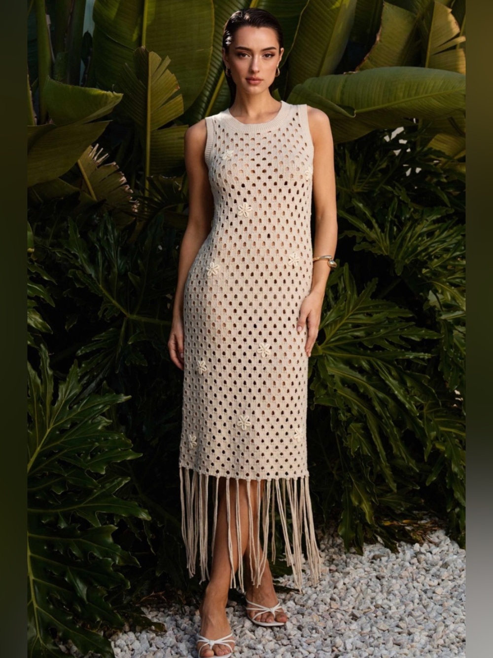 Cowrie Shell Fringe Open Knit Dress - Able - Picture 1 of 8